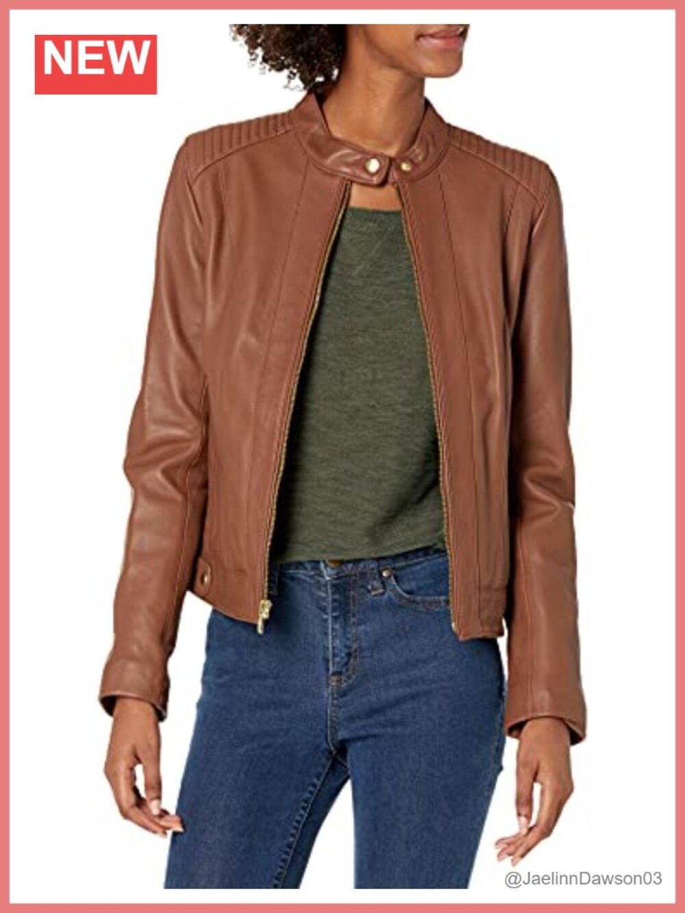 Leather Jacket Racer Quilted Panels Button Collar Metallic Zip Women